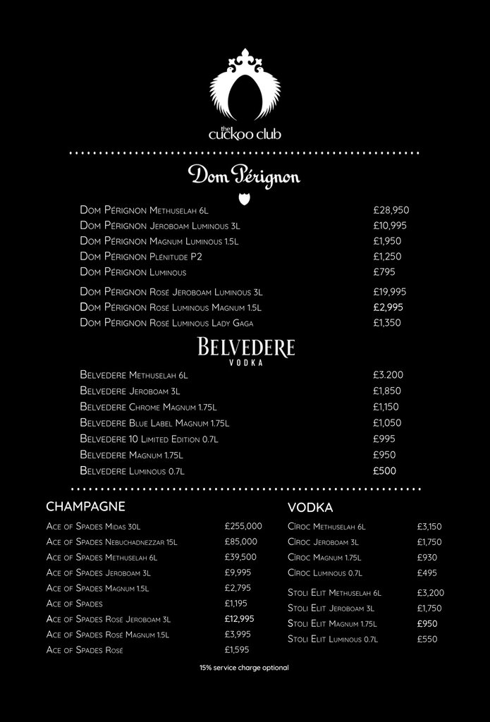 cuckoo london bottle menu