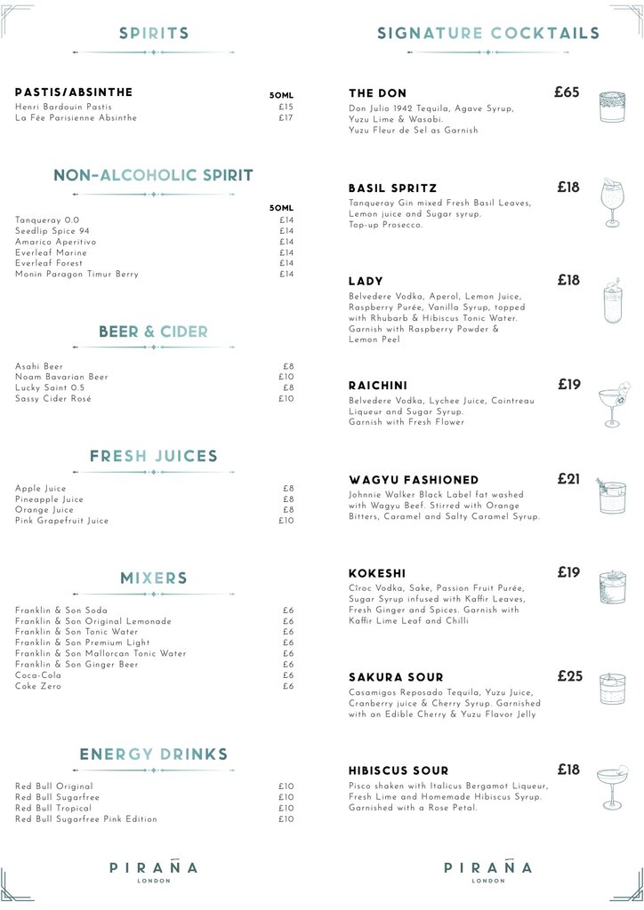 pirana london menu
